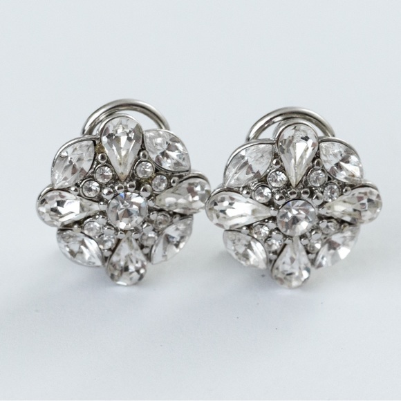 Unique dressy sparkly clear stone cluster clip on earrings with silver - Picture 6 of 15